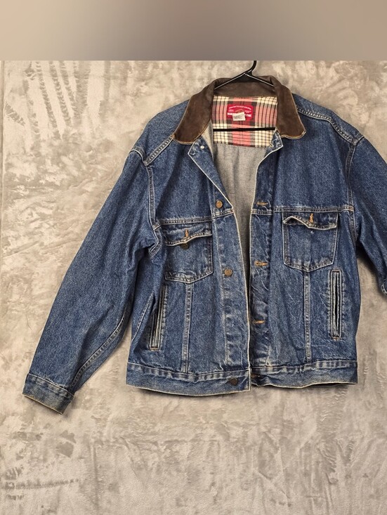 Marlboro Other - Vtg 90s Marlboro Country Store Denim Jacket Leather Collar Plaid Lined Size L